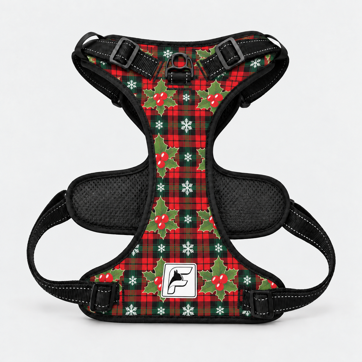 Christmas Tartan no-pull harness for French Bulldogs with black trim and side-release buckles