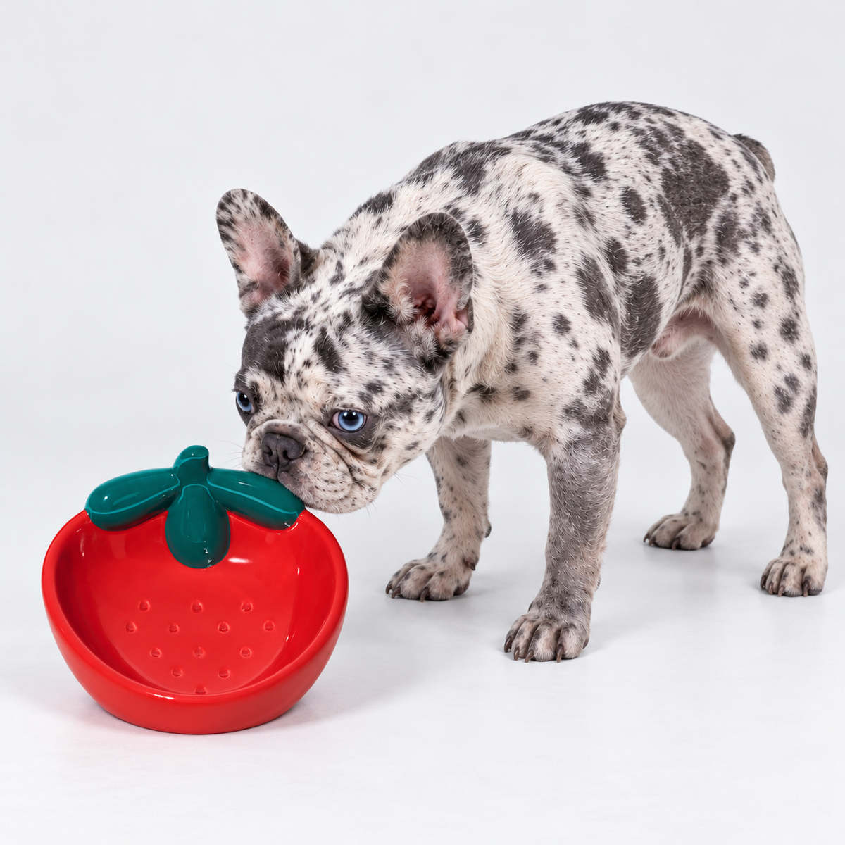 Fruit Party Angled Ceramic French Bulldog Bowl — Strawberry