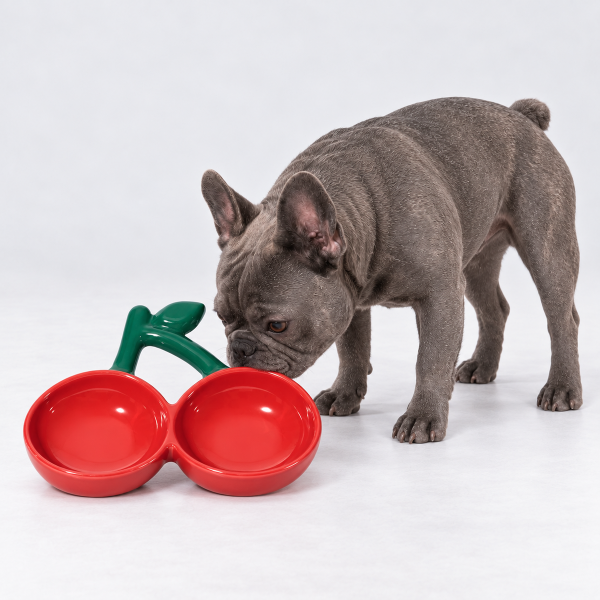 Fruit Party Angled Ceramic French Bulldog Bowl — Cherry