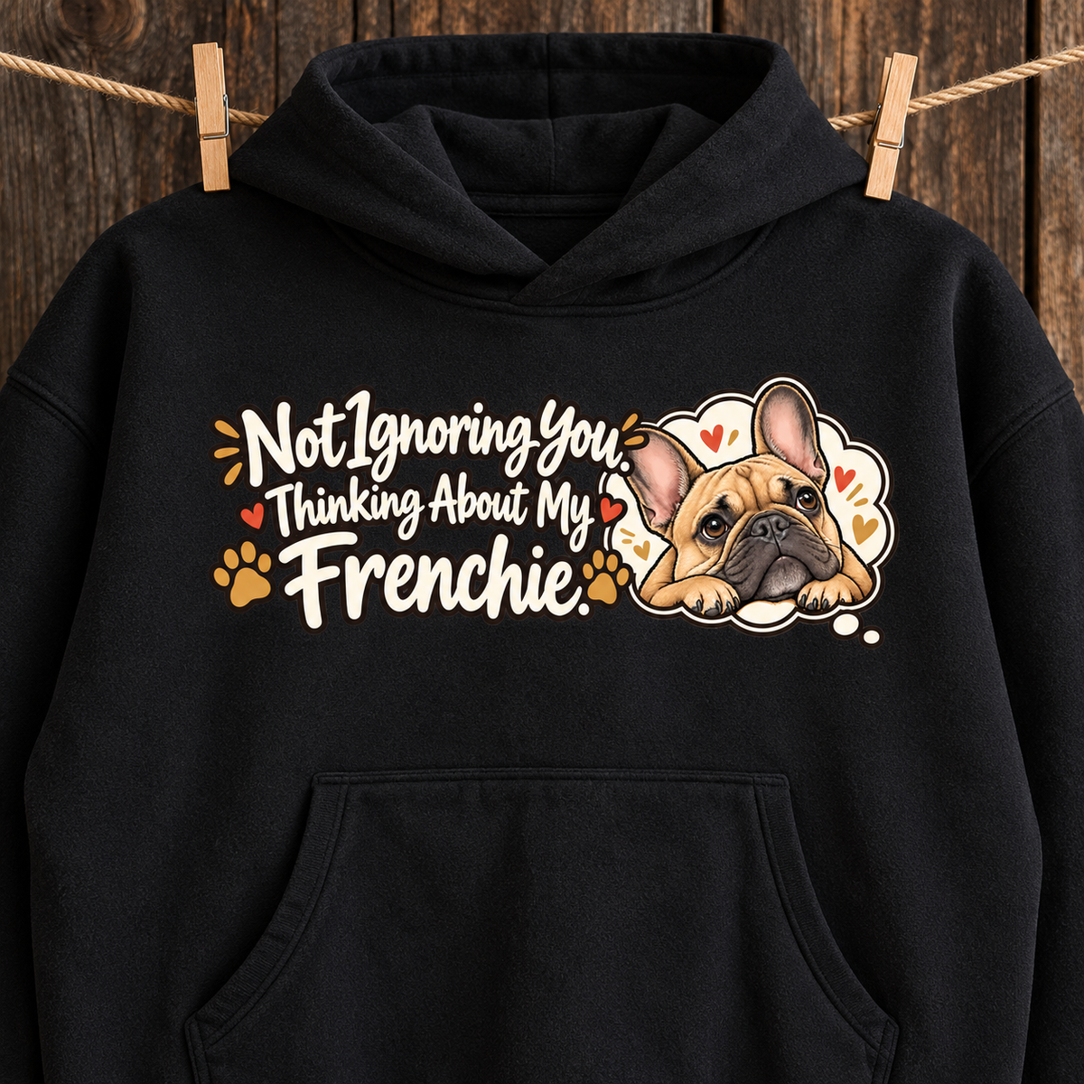 Woman wearing a black French Bulldog hoodie with the Not Ignoring You. Thinking About My Frenchie front print.