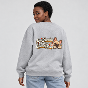 Model wearing a flower gray French Bulldog sweatshirt with One Frenchie Away from Canceling Plans on the back