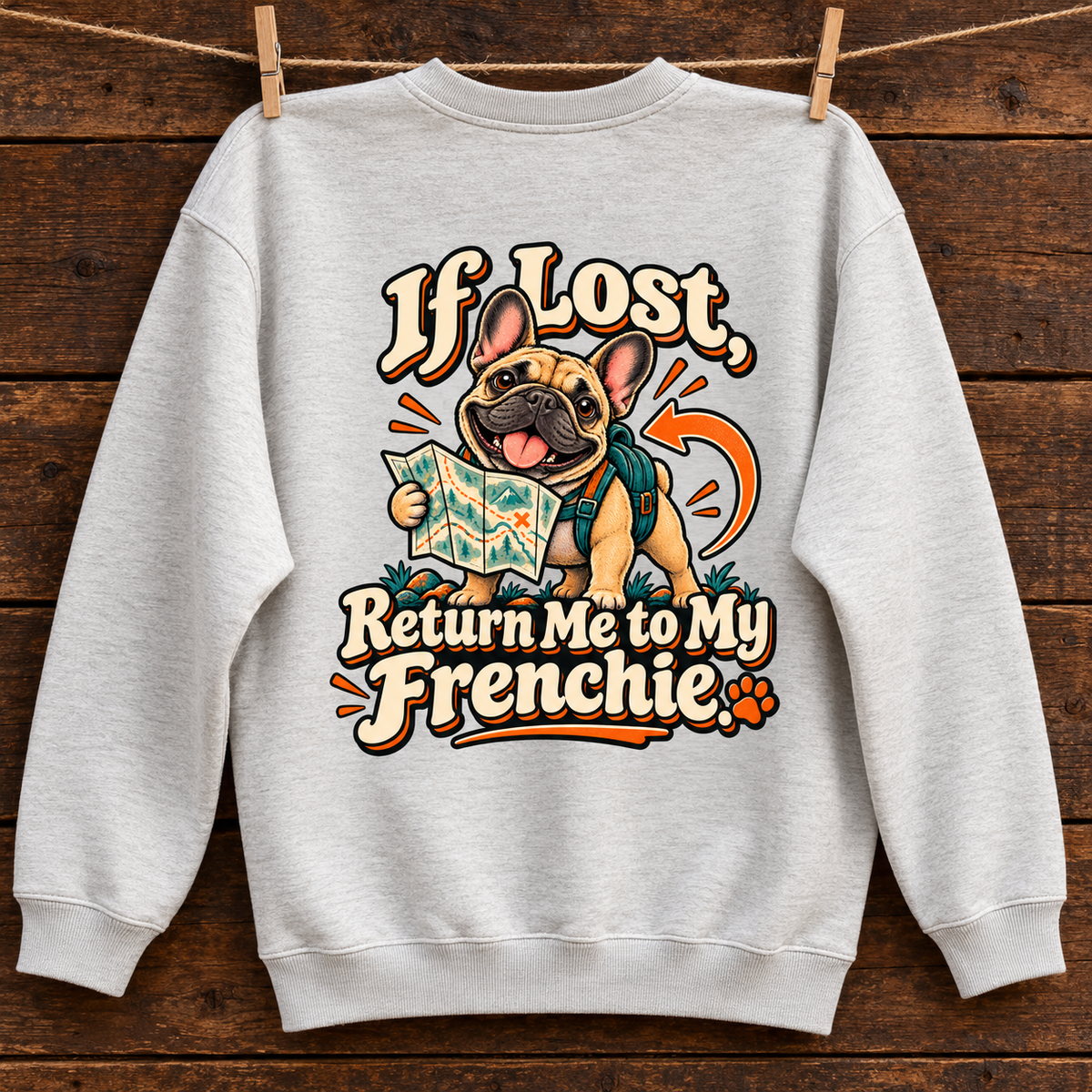 Model wearing a oat gray French Bulldog sweatshirt with If Lost, Return Me to My Frenchie. on the back