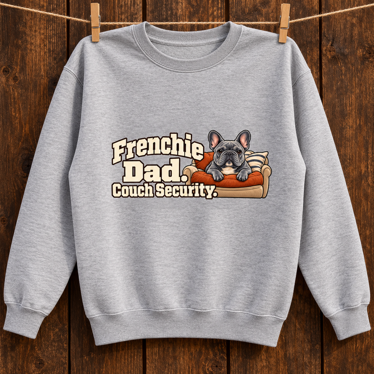 Close-up of Frenchie Dad. Couch Security. front artwork on a flower gray fleece sweatshirt