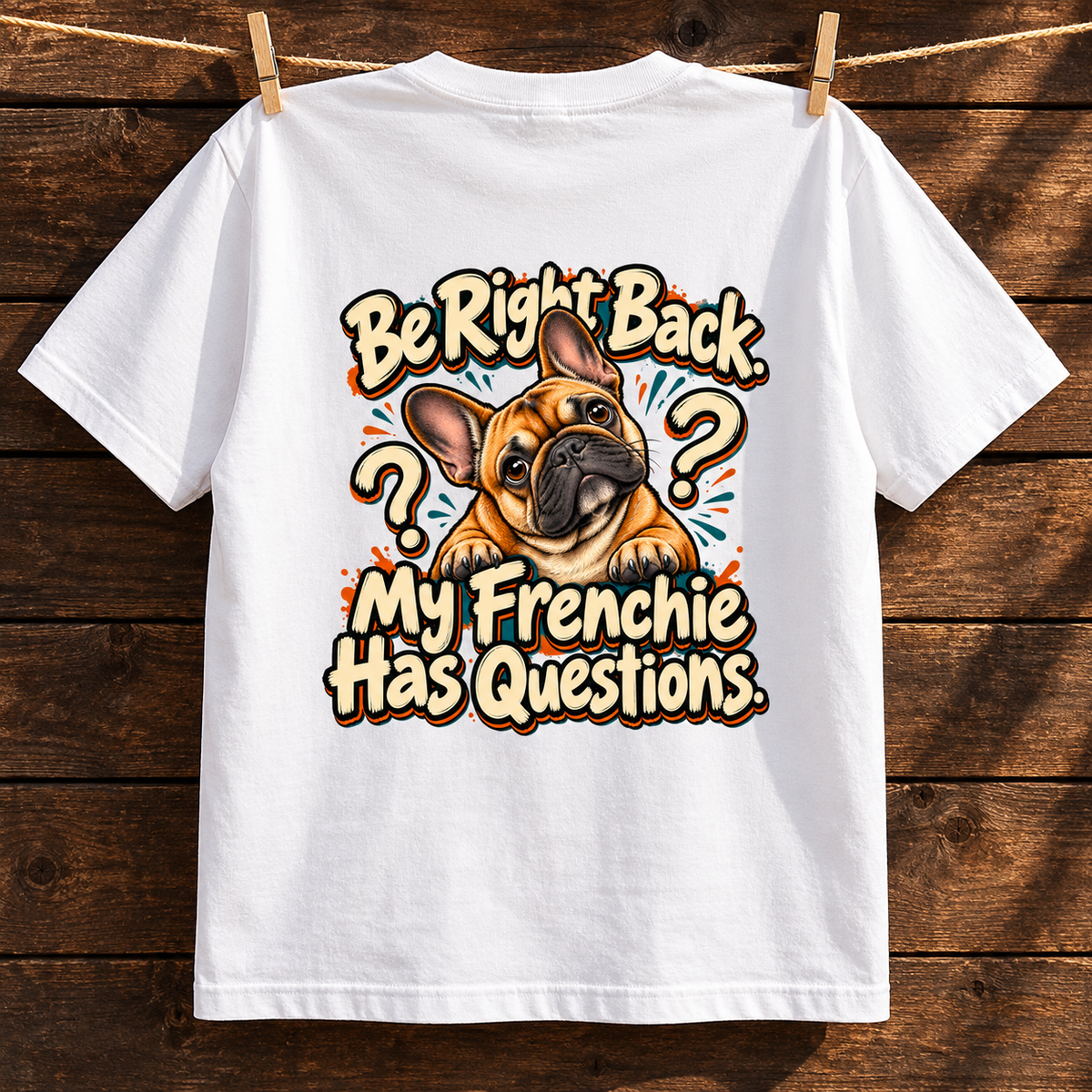 Close-up of Be Right Back. My Frenchie Has Questions. artwork on the back of a white cotton T-shirt