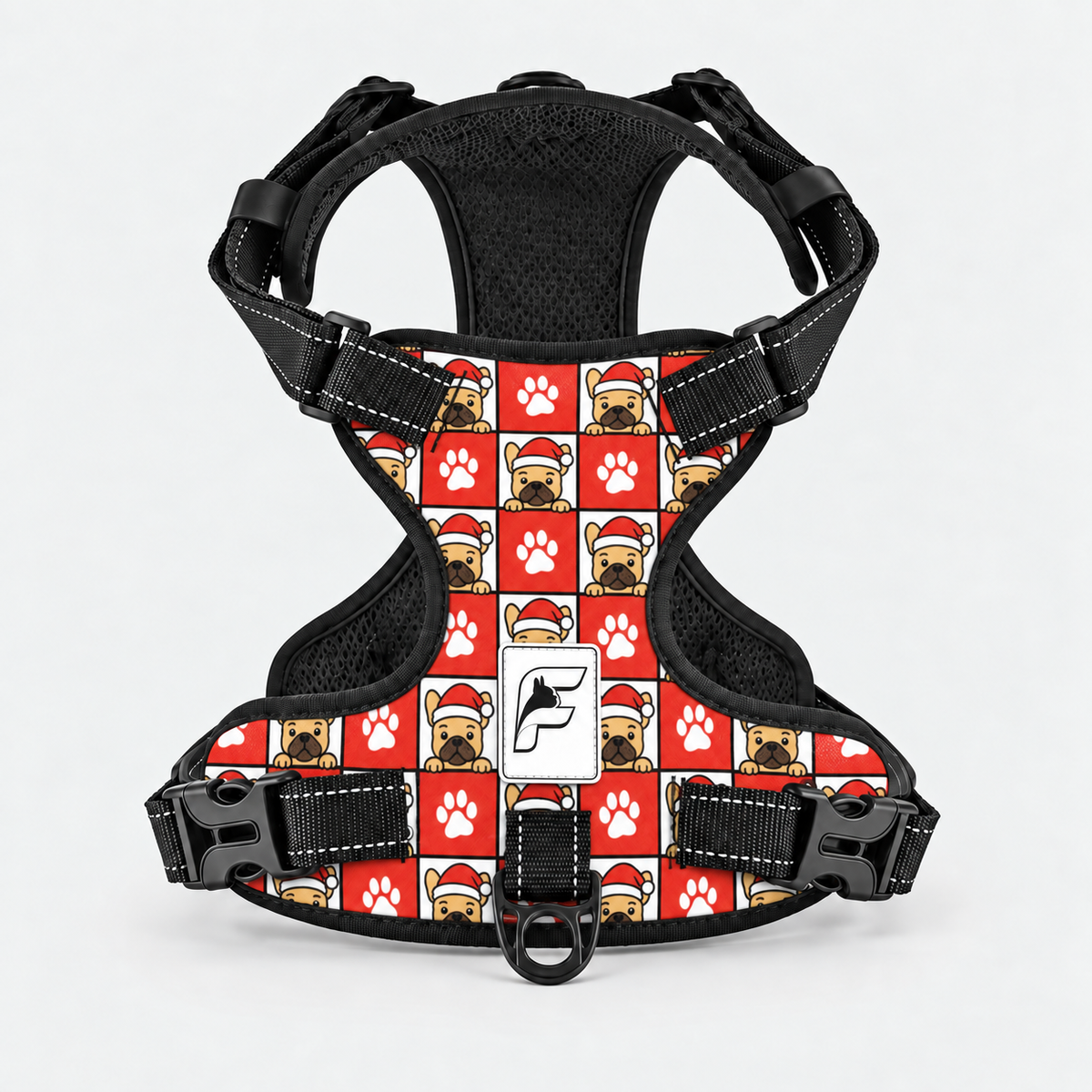 Santa Paws Checkerboard French Bulldog harness, red checkerboard no-pull vest with Santa dogs and paw prints