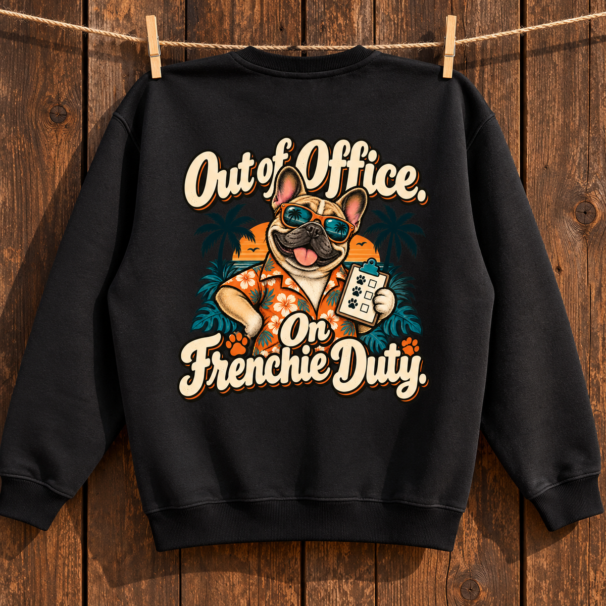 Close-up of Out of Office. On Frenchie Duty. back artwork on a black fleece sweatshirt