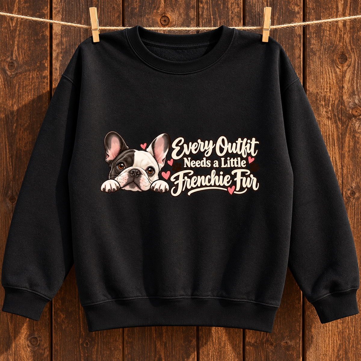 Close-up of Every Outfit Needs a Little Frenchie Fur front artwork on a black fleece sweatshirt