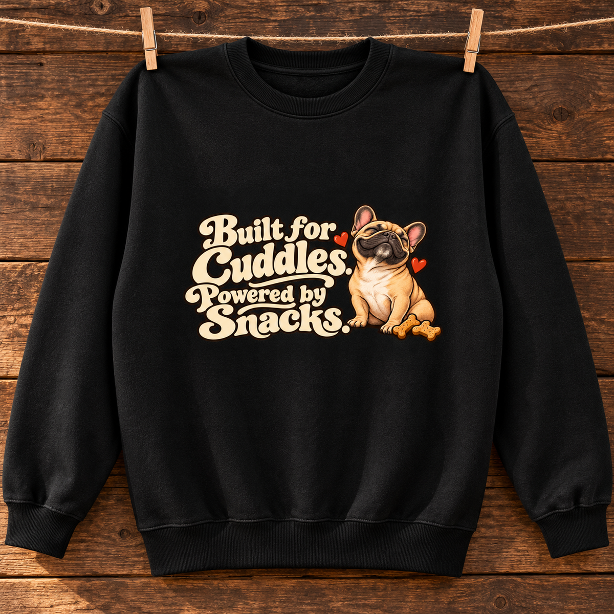 Close-up of Built for Cuddles. Powered by Snacks. front artwork on a black fleece sweatshirt
