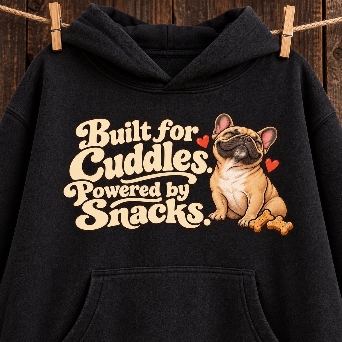 Close-up of the Built for Cuddles. Powered by Snacks front print on a black French Bulldog hoodie.