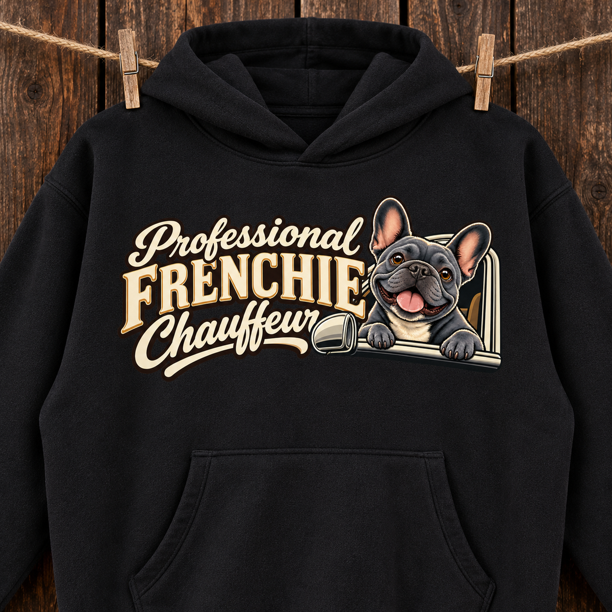 Close-up of the Professional Frenchie Chauffeur front print on a black French Bulldog hoodie.