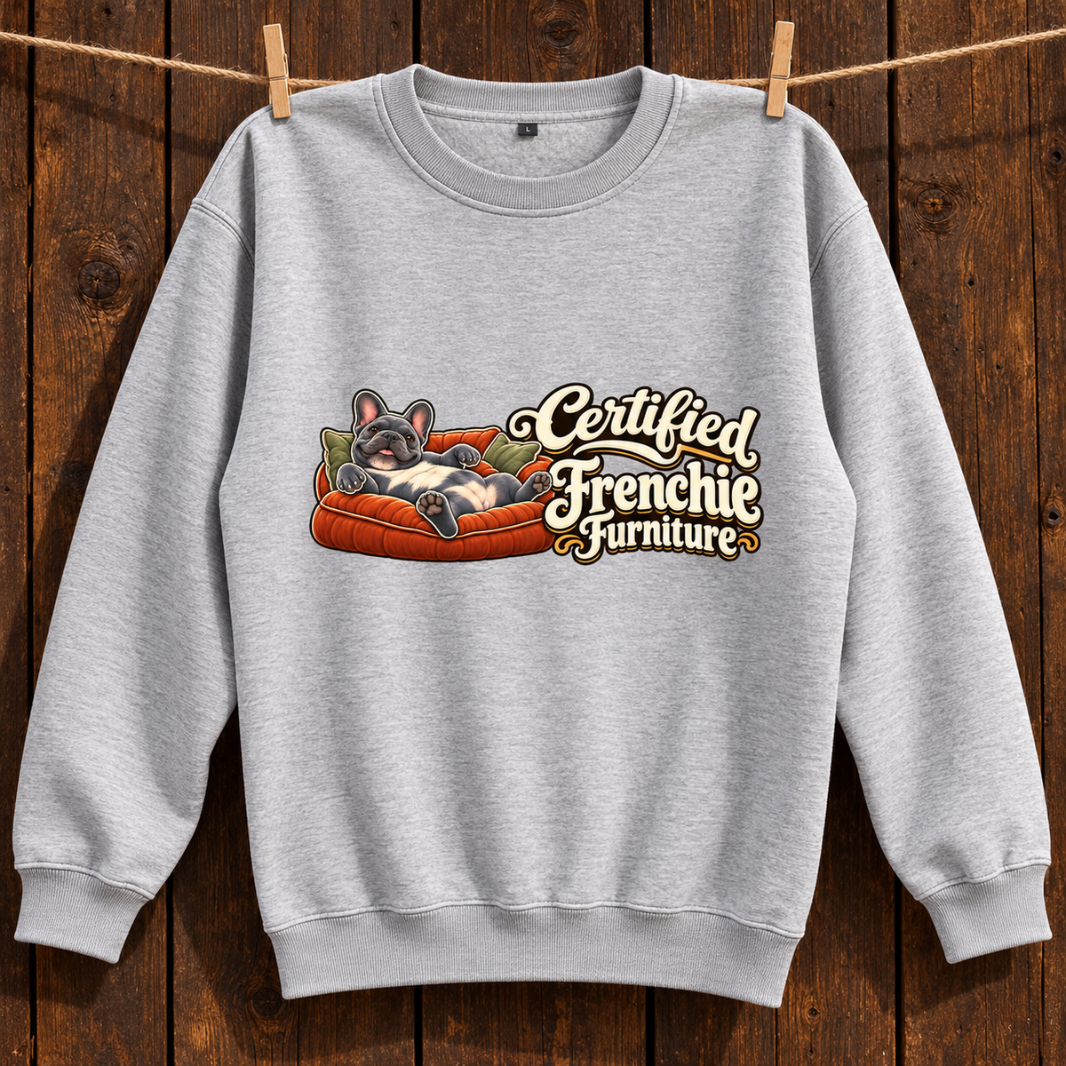 Close-up of Certified Frenchie Furniture front artwork on a flower gray fleece sweatshirt