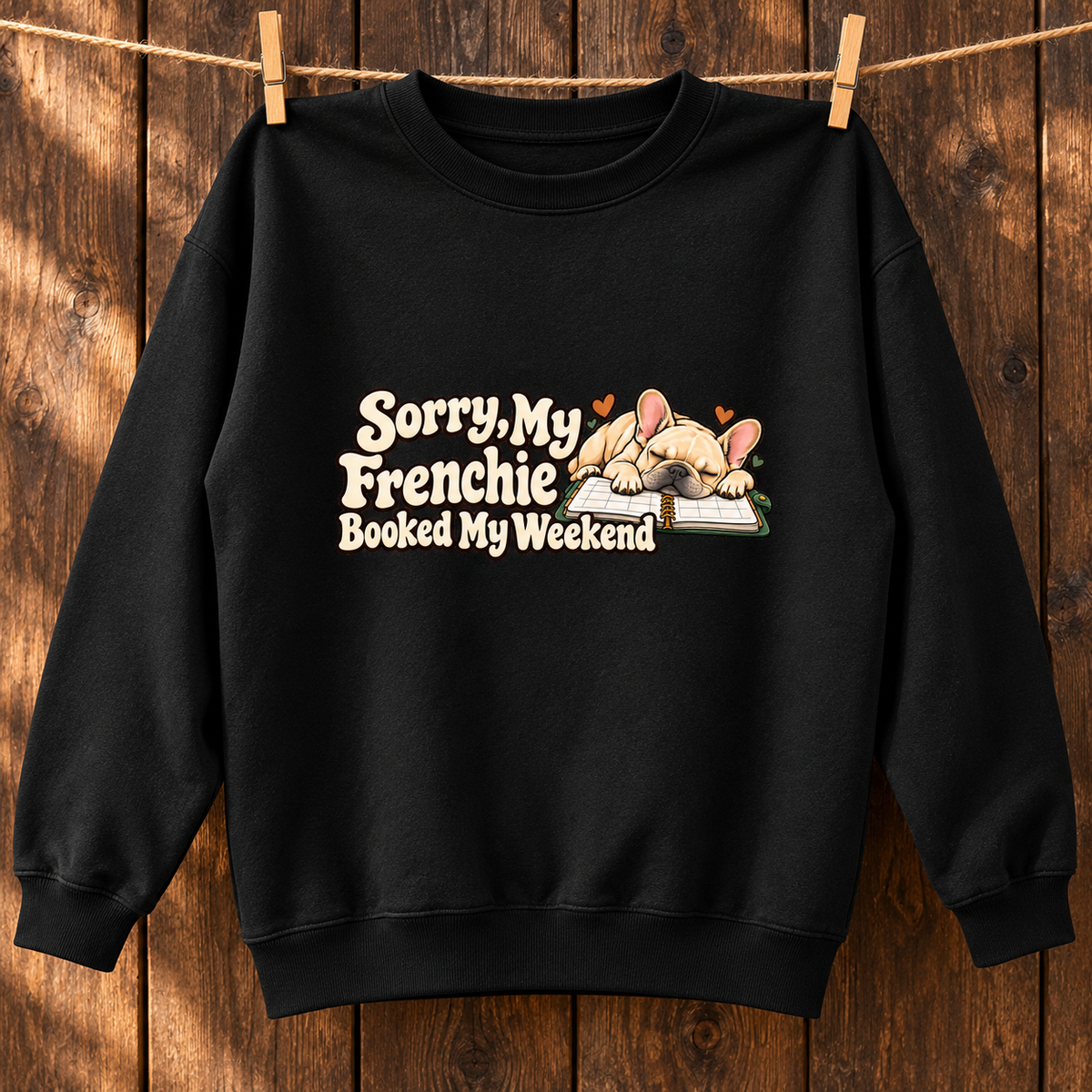 Close-up of Sorry, My Frenchie Booked My Weekend front artwork on a black fleece sweatshirt