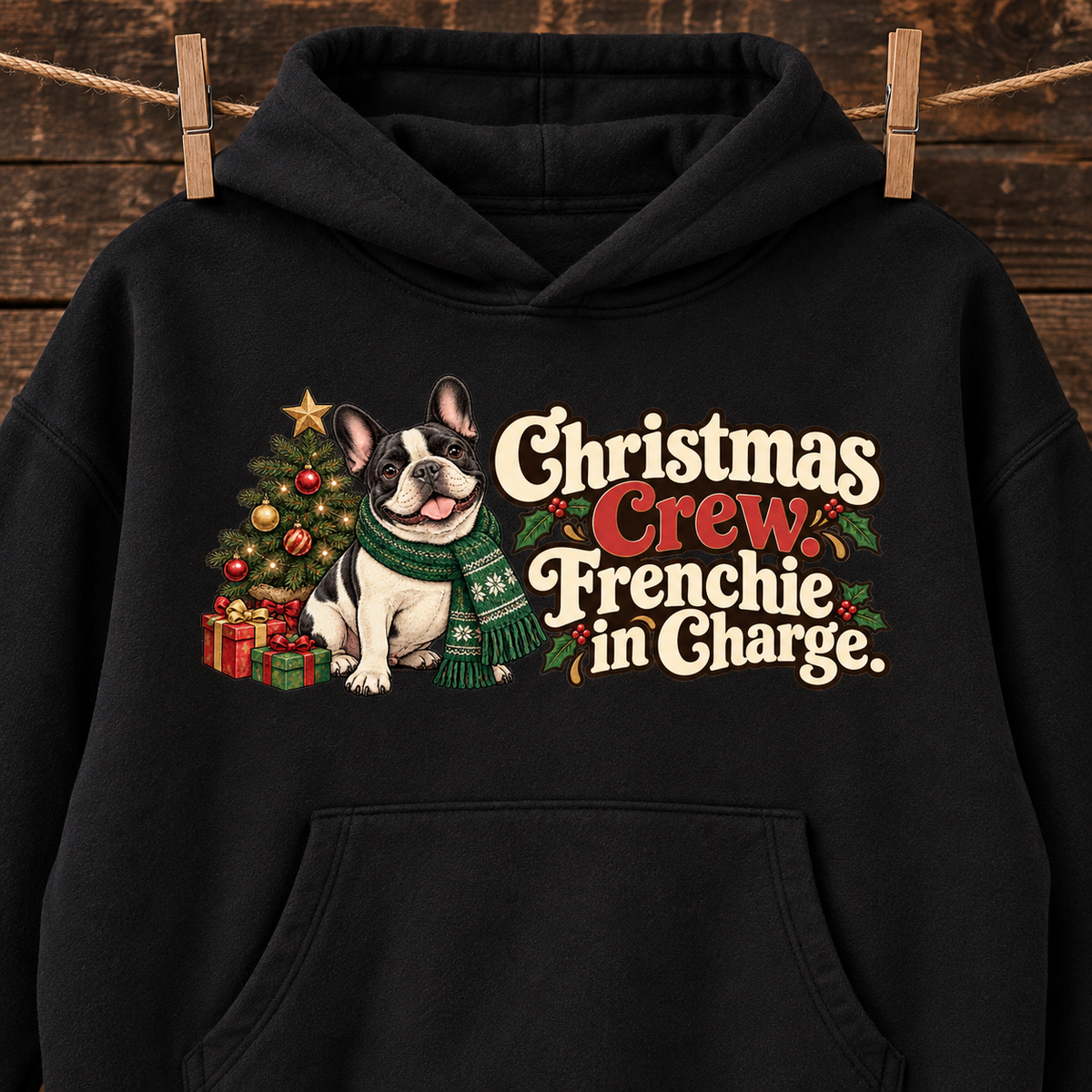 Close-up of the Christmas Crew. Frenchie in Charge front print on a black French Bulldog hoodie.