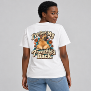 Model wearing a white French Bulldog T-shirt with the I've Got My Frenchie's Back. artwork on the back