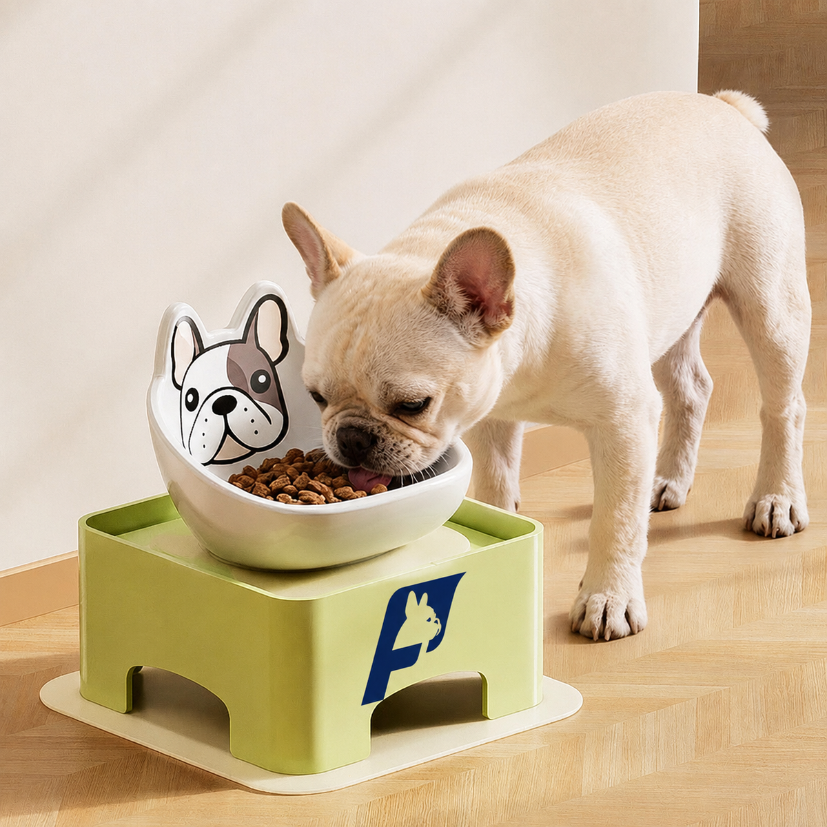 Frenchie feeder with dual anti-slip mats and a wide base