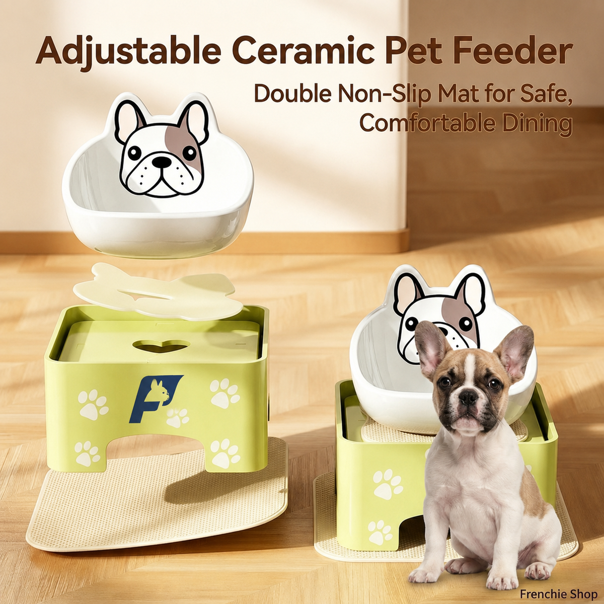 Frenchie feeding station with a removable ceramic bowl