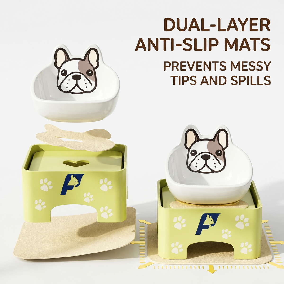 Frenchie feeder with raised bowl edges to contain spills
