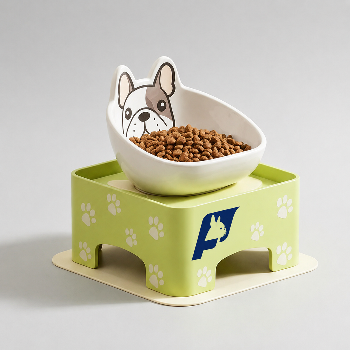 Frenchie feeder table with paw-print detailing, sold with or without the bowl