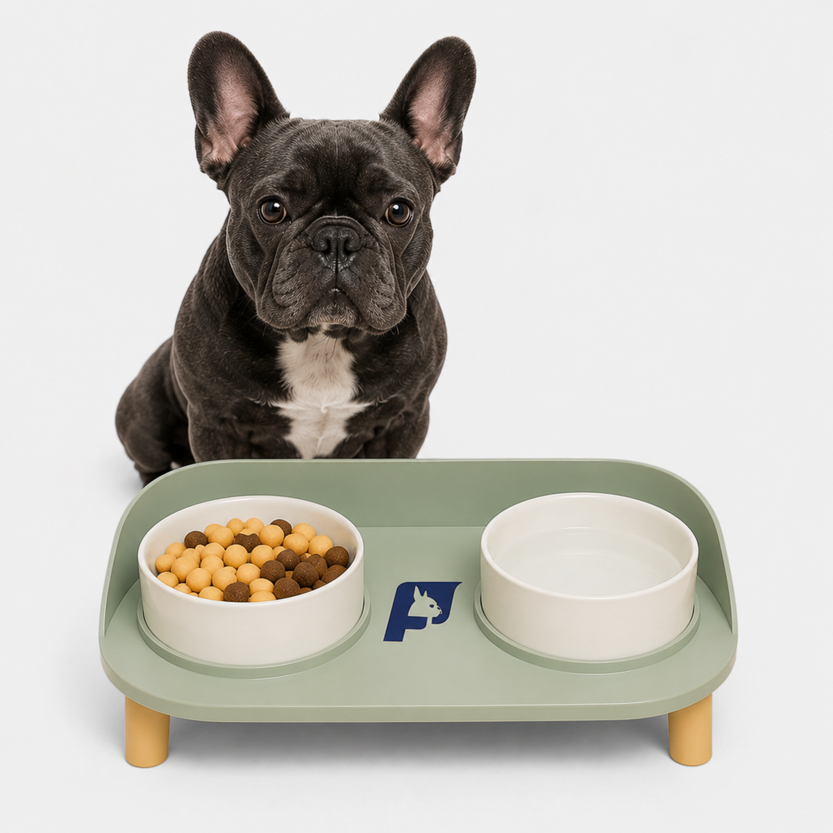 Raised bowl stand for Frenchies with removable legs giving 6 to 8 cm of lift