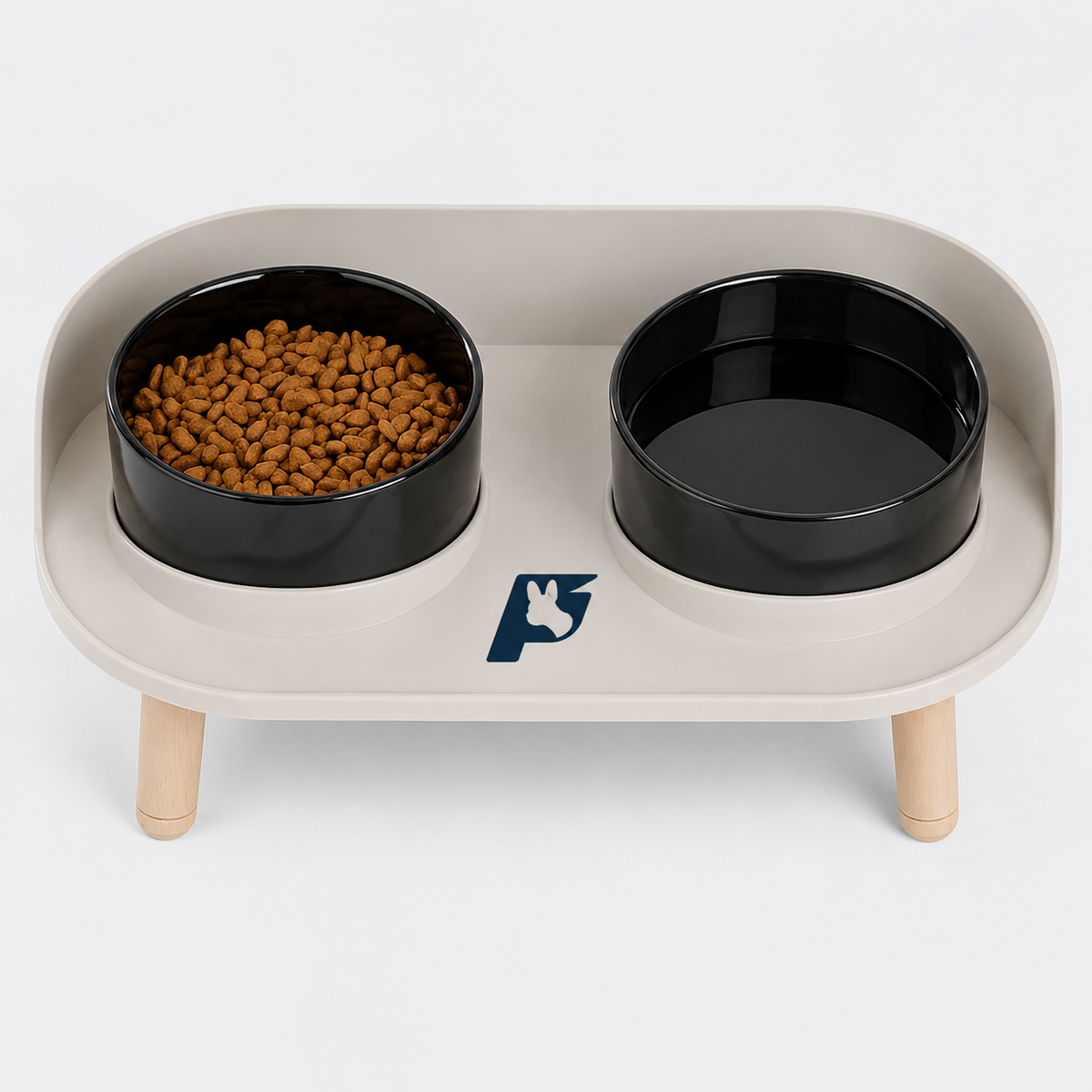 Elevated Frenchie feeder with raised edges and a back panel to limit spills