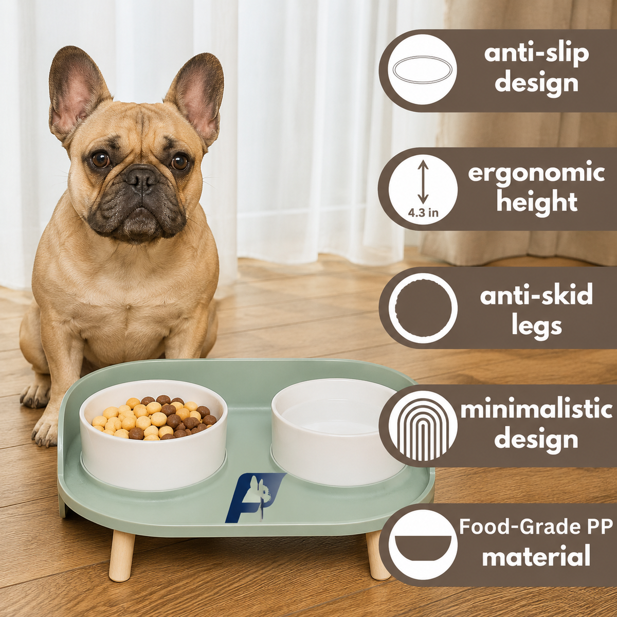 Elevated Frenchie bowl set with anti-slip bowl holders and removable dishes