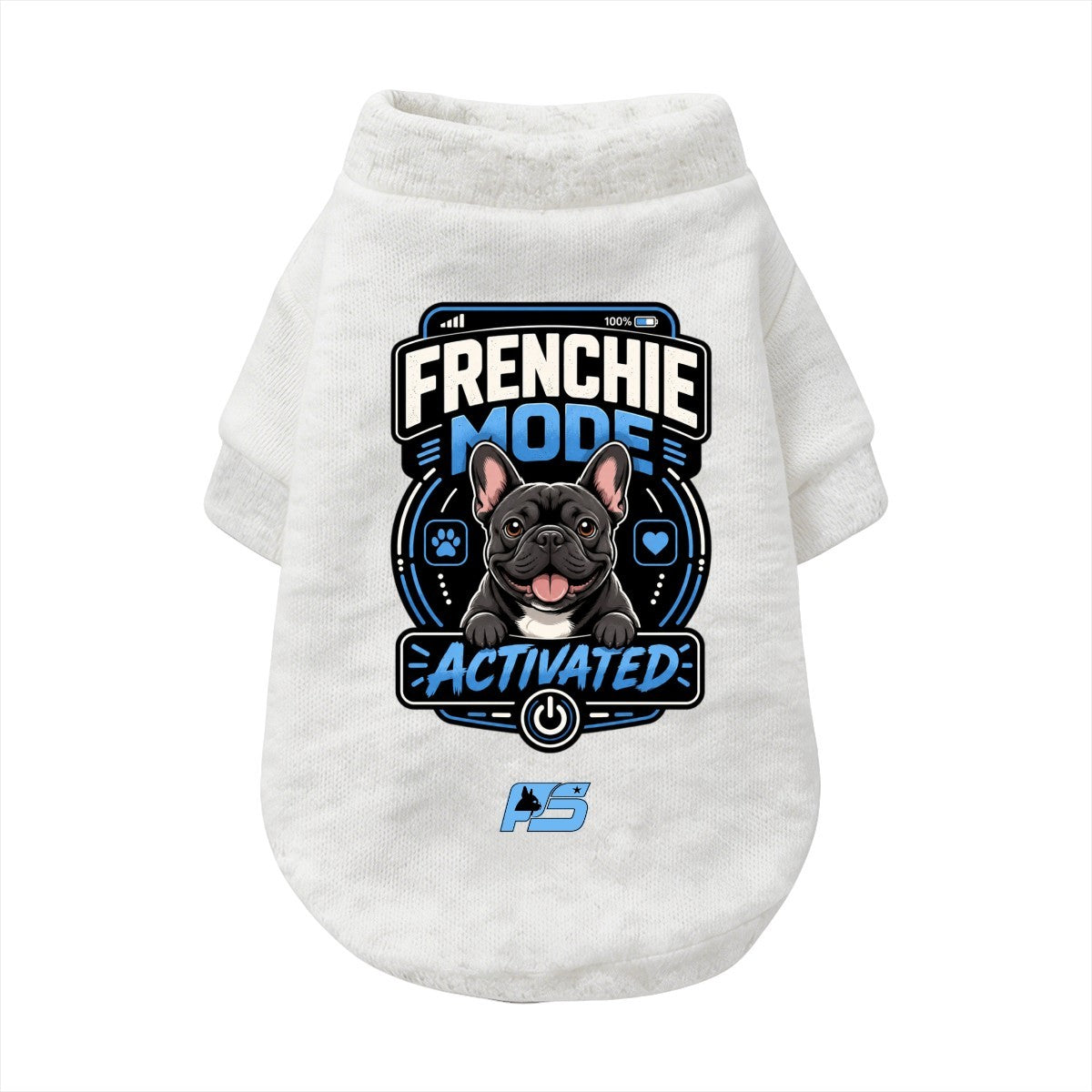 Frenchie Mode Activated dog sweatshirt cardigan with finished neckline and cuffs