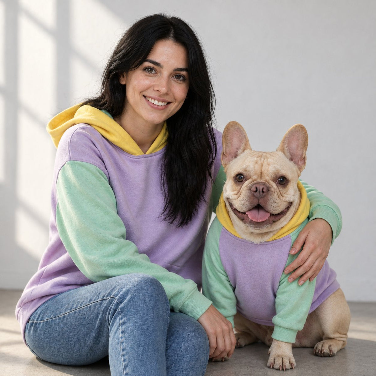 Pastel colorblock French Bulldog hoodie in a two-tone panel split