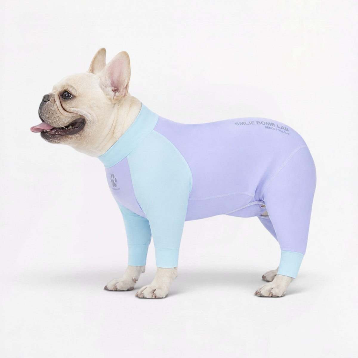 Cooling Frenchie pajamas in a breathable insect-repellent weave with a back zipper