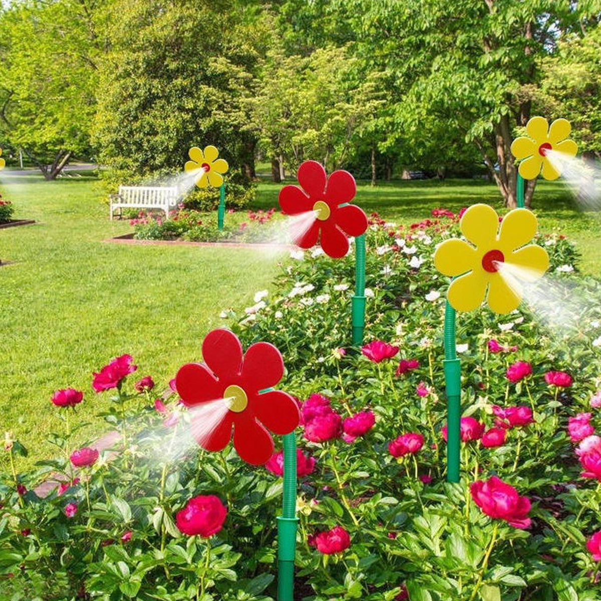 Daisy garden sprinkler with a flexible neck and a ground stake