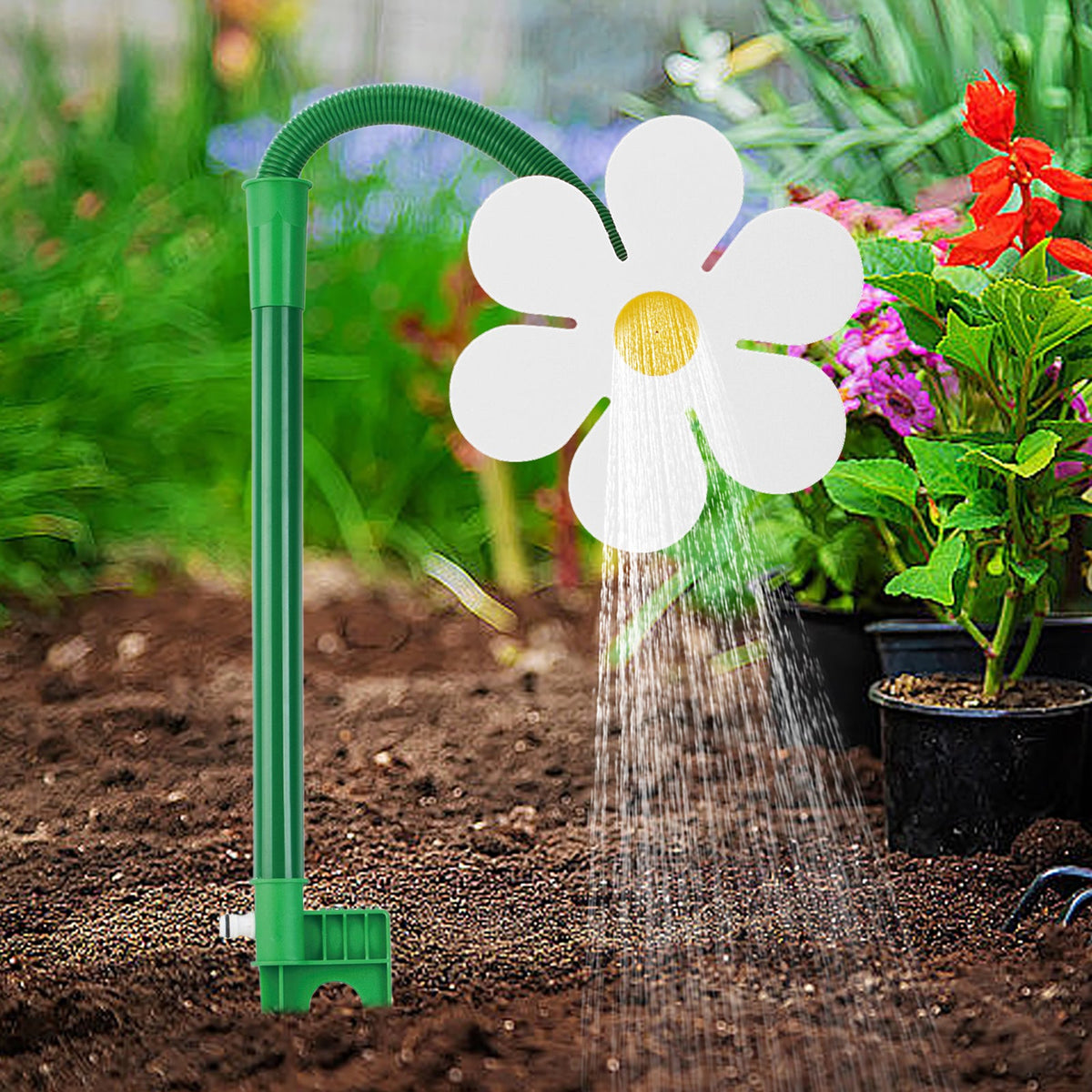 Daisy garden sprinkler with a flexible neck and a ground stake