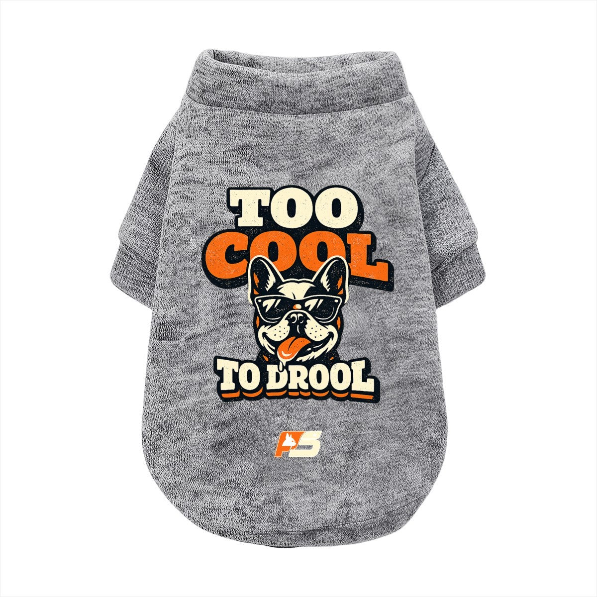Too Cool to Drool French Bulldog cardigan with curved hem in soft cotton-blend fabric