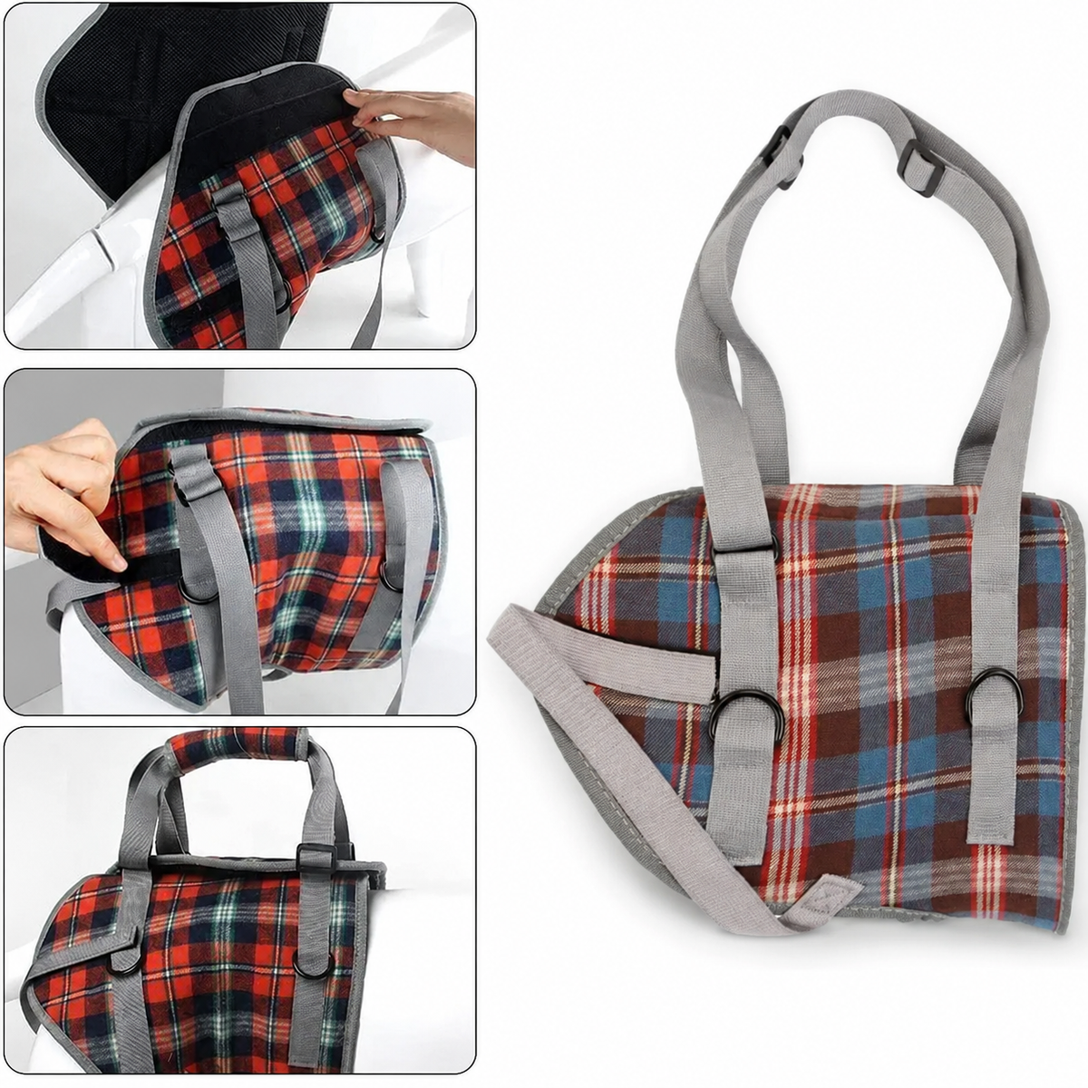 French Bulldog lift harness in red chest, red hind leg and gray hind leg versions