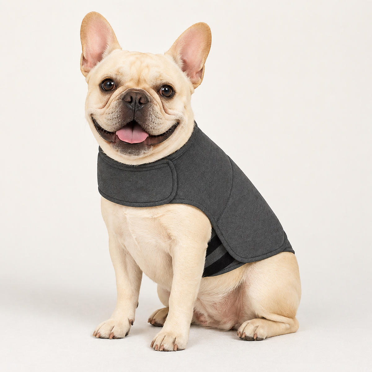 French Bulldog calming wrap in soft breathable fabric, comfortable for hours on a dog that overheats