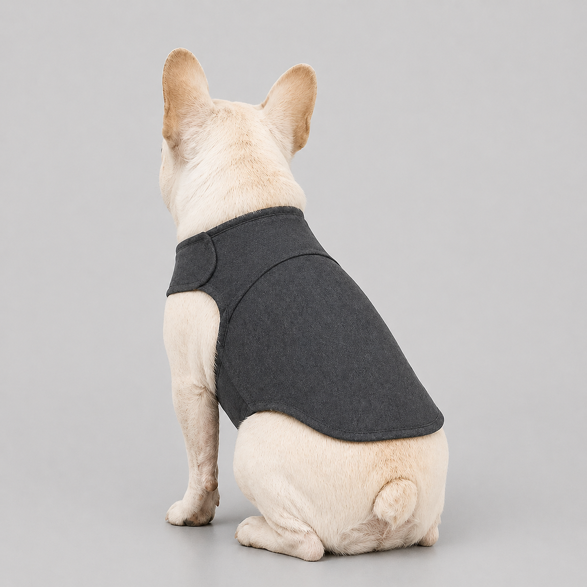 Hook-and-loop closure on a French Bulldog anxiety vest, strong enough to open one-handed in a hurry