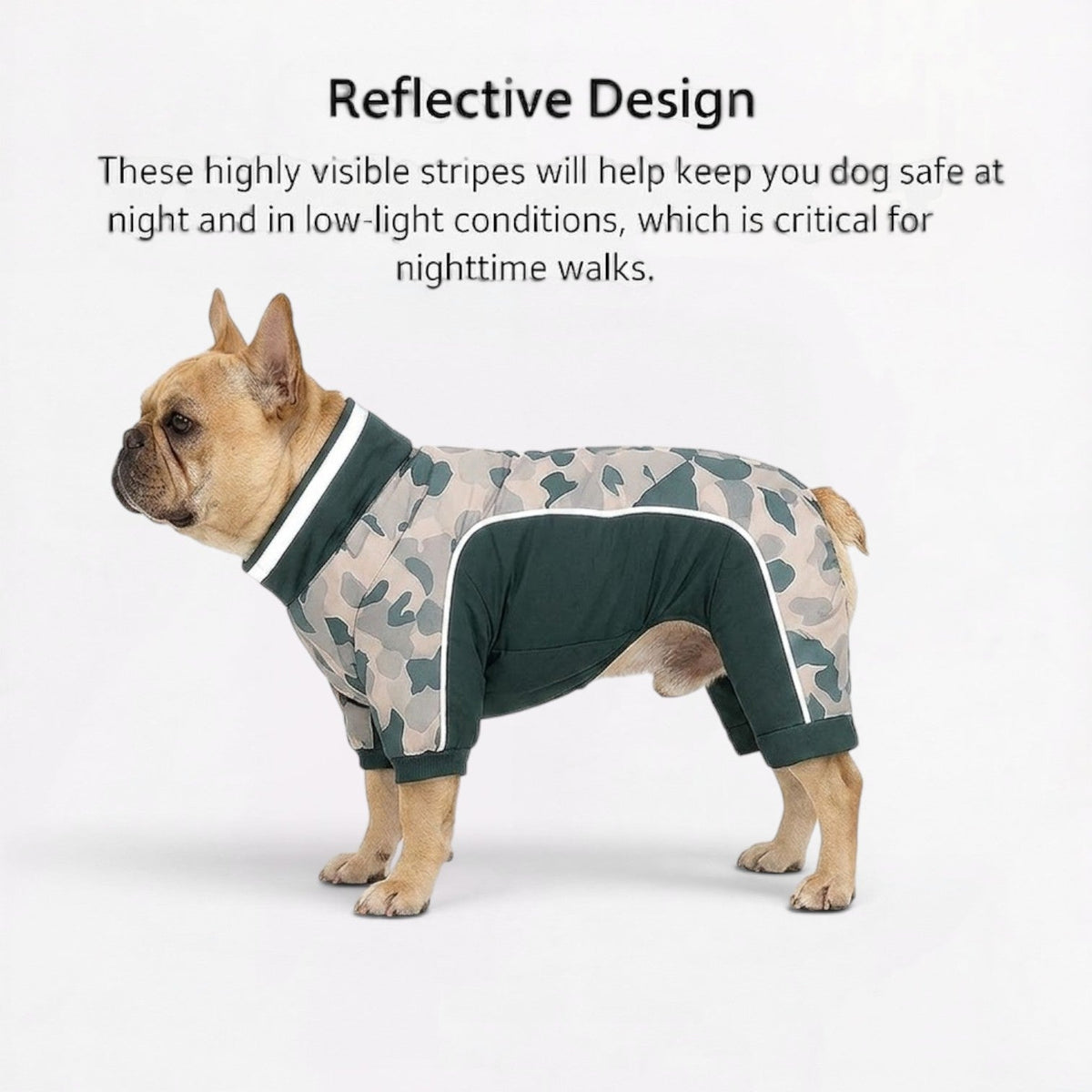 French Bulldog camo jumpsuit with stretch cuffs sealing the legs against snow