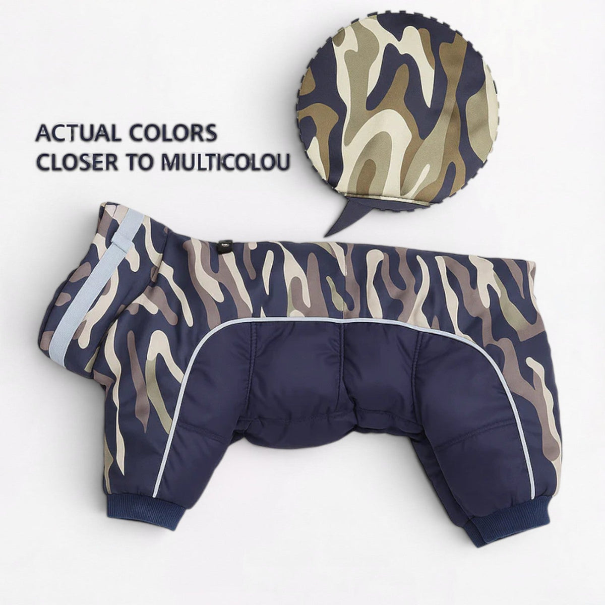 Full-length back zip on a French Bulldog winter jumpsuit for quick on and off
