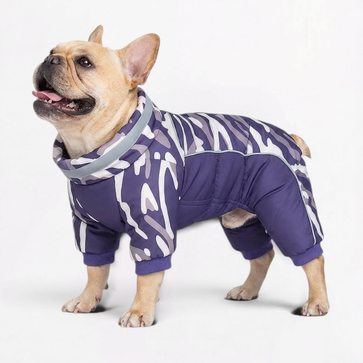 French Bulldog camo winter jumpsuit with full-body coverage and thick insulation