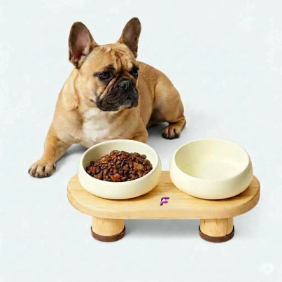 French Bulldog Ceramic Double Bowls | Frenchie Elevated Feeder Stand