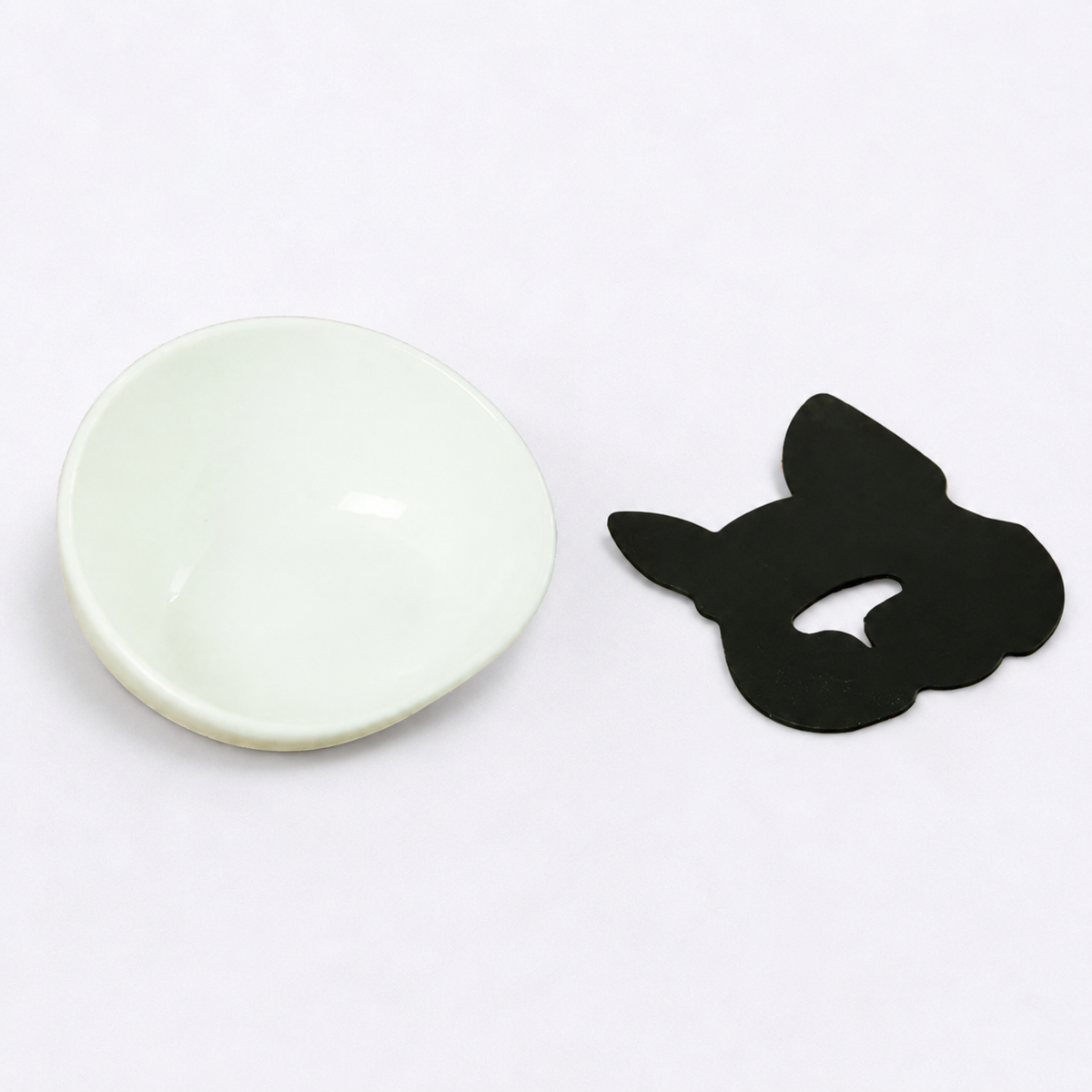 Frenchie elevated ceramic bowl with a black dish