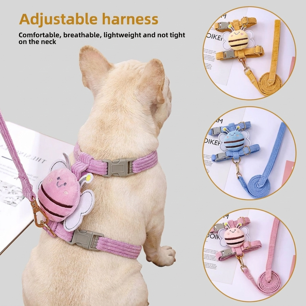 French Bulldog cute bee harness leash set yellow