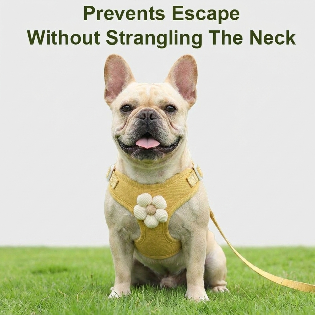 French Bulldog cute flower harness leash set yellow