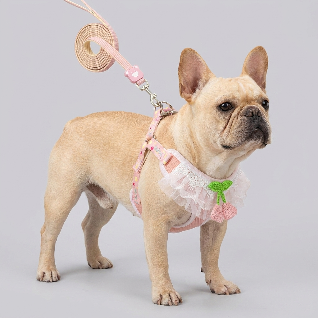 French Bulldog cute lace floral harness leash set green