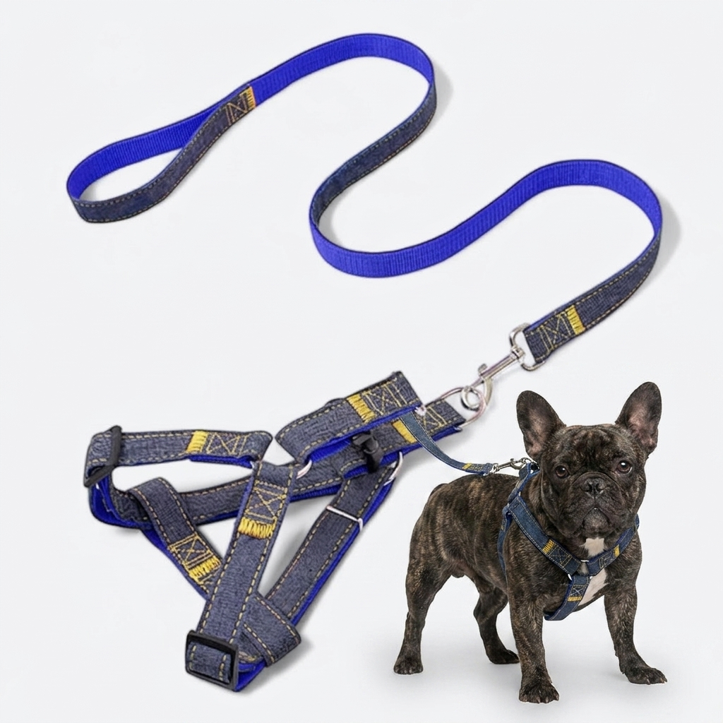 French Bulldog denim harness collar set black