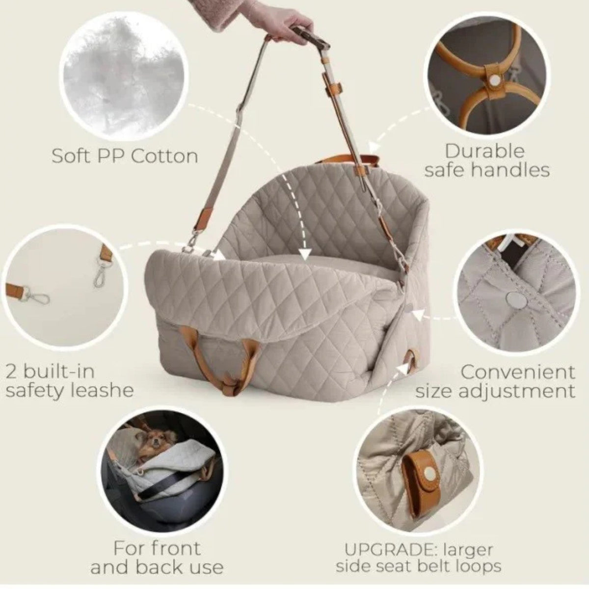 French Bulldog carrier bag with side loops for the car seat belt