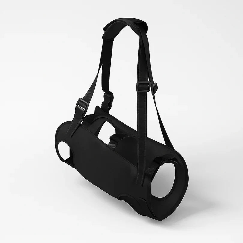 Padded French Bulldog lift harness with adjustable shoulder straps to carry the weight