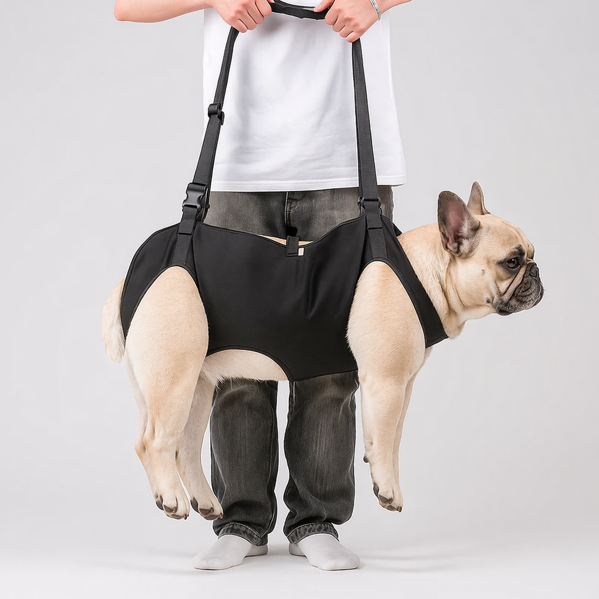 Step-in French Bulldog lift sling with a soft padded interior and reinforced stitching