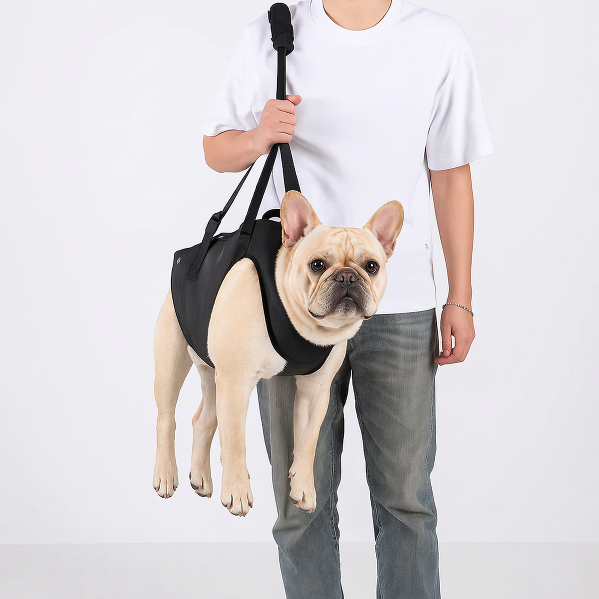 French Bulldog lift support sling in sizes S to XL, chosen on chest depth and body length
