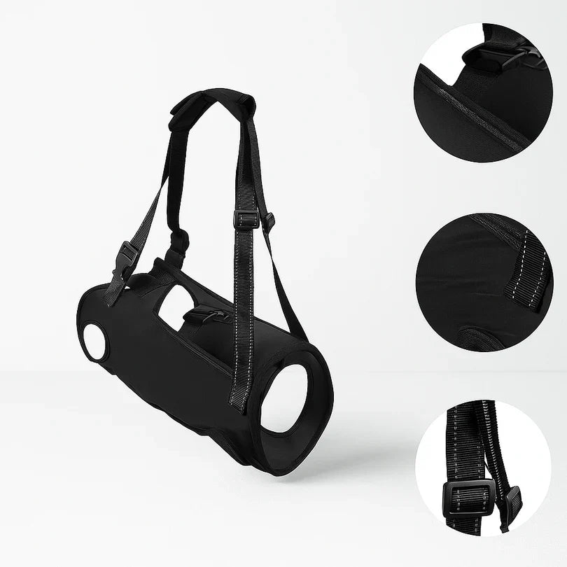 French Bulldog carrying sling that packs down small for vet trips and travel