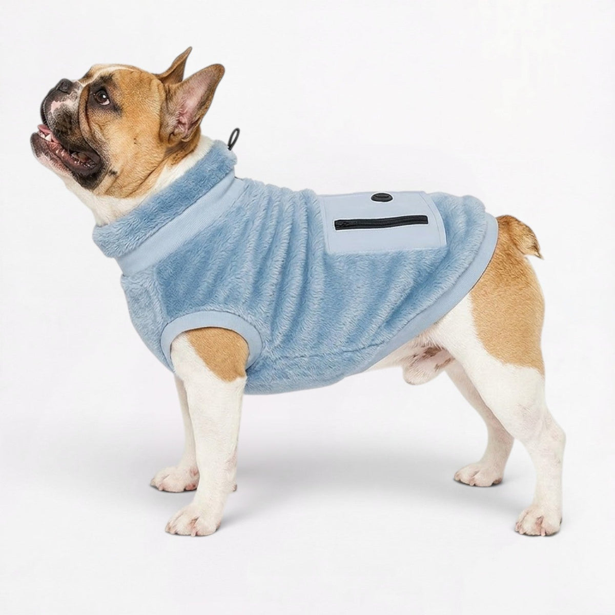 French Bulldog plush turtleneck coat in a fleece-soft cotton blend