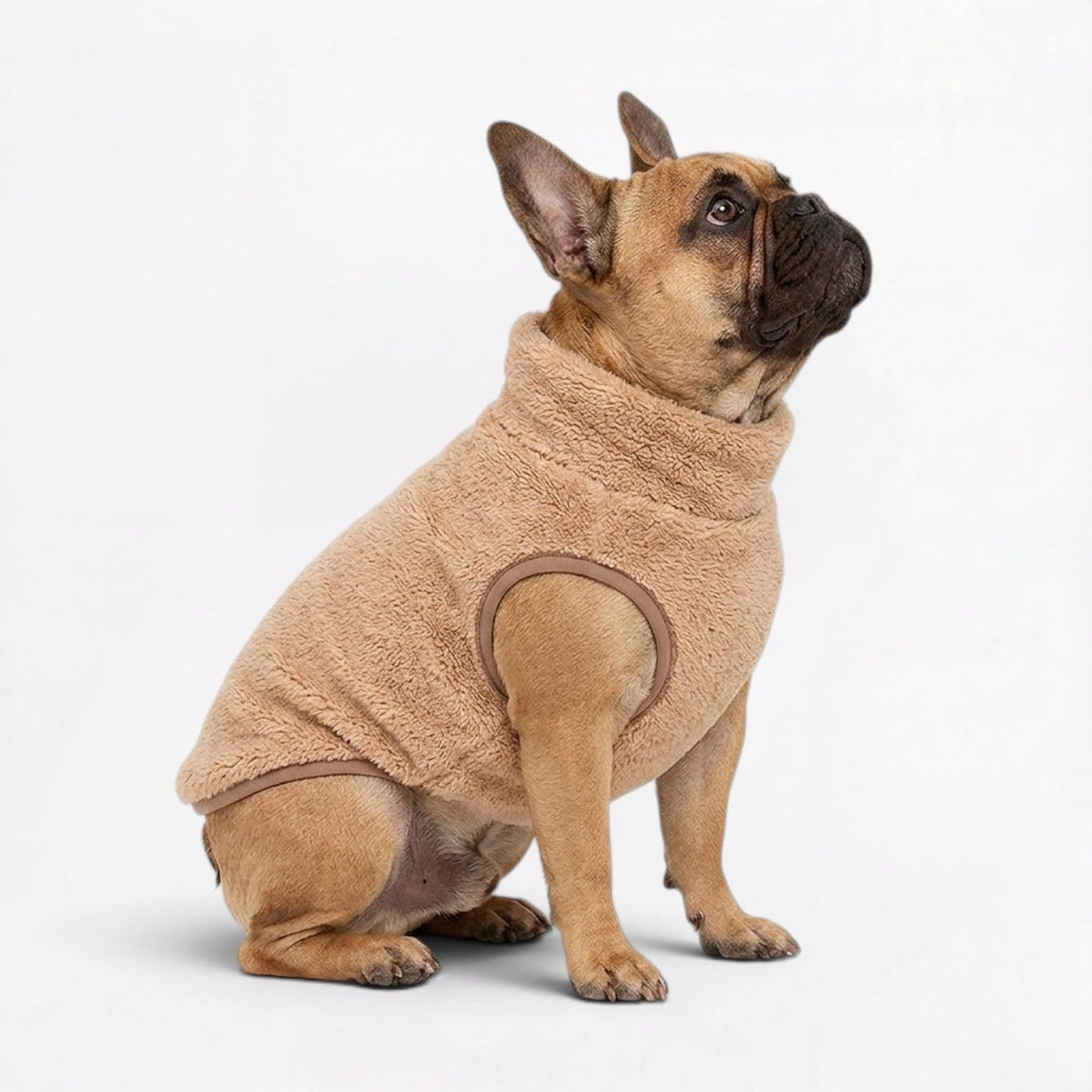 Slip-on French Bulldog turtleneck pullover with four-way stretch over a wide chest